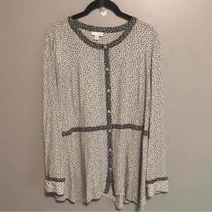 J Jill Women's Black White Floral Ditsy Collarless Button-Up Shirt Large